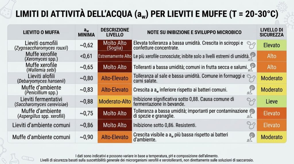 Tabella dell'attivit&agrave; dell'acqua (aw) minima per la crescita di muffe e lieviti