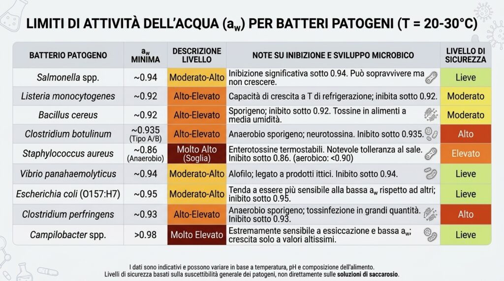 Tabella dell'attivit&agrave; dell'acqua (aw) minima per la crescita dei principali batteri patogeni